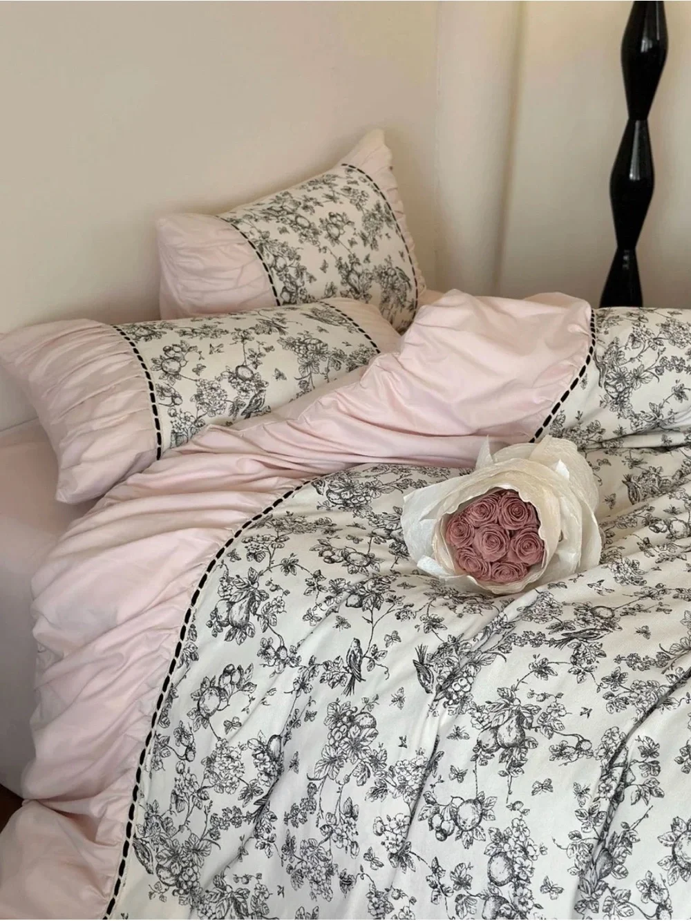Ruffled Floral Comforter Set in Light Pink and Cream